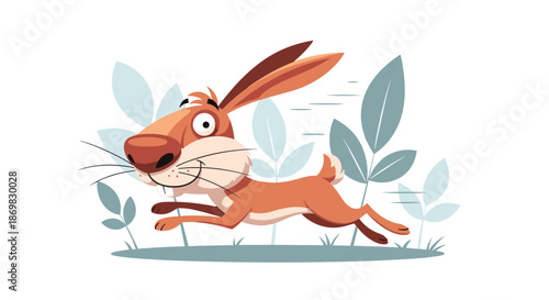 Energetic and happy cartoon hare with a big smile running swiftly through light green foliage in a fun and dynamic illustration.