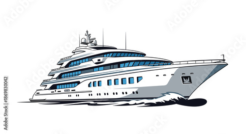 Sleek and modern luxury superyacht cruising through the water with powerful waves in a detailed and dynamic vector illustration.