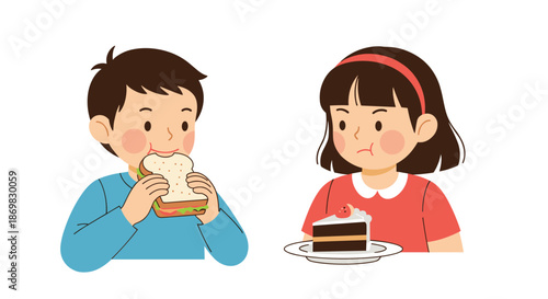 Cartoon boy happily eating a healthy sandwich while a picky girl reluctantly looks at her slice of chocolate cake illustration.