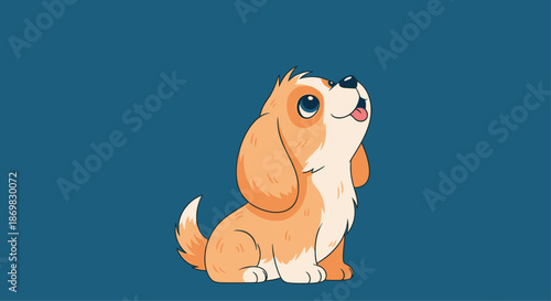 Adorable and happy little puppy with big hopeful eyes sitting and looking up with excitement on a solid blue background.