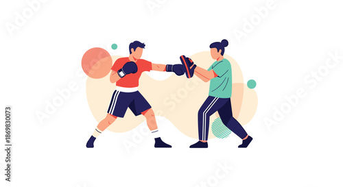 Male boxer in red gloves training with his coach who is holding focus mitts during a dynamic boxing workout session.