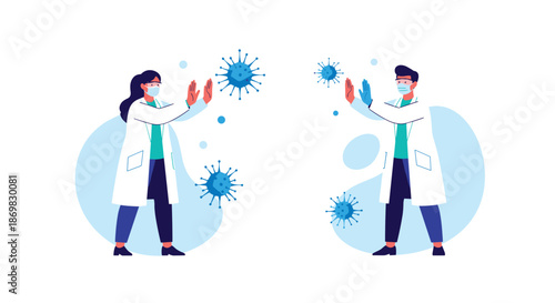 Male and female doctors in medical masks and lab coats bravely fighting and stopping the spread of coronavirus particles illustration.