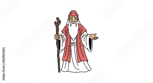 Wise old man with a long white beard wearing traditional robes and holding a wooden staff in a simple character illustration.