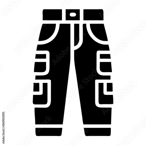 Black and white glyph icon of practical cargo pants with multiple utility pockets