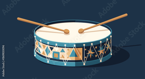 Vintage-style toy snare drum with colorful geometric patterns and stars with two wooden drumsticks resting on top illustration.