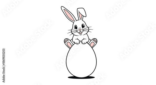 Cheerful cartoon Easter bunny sitting on top of a large blank egg with space for text or design for a holiday greeting.