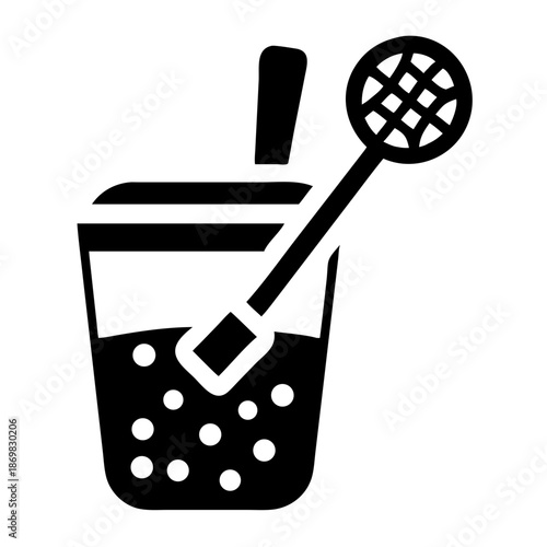Bubble tea cup with straw and mixer strainer tool, a refreshing beverage icon