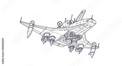 Detailed black and white line art of a complex futuristic spaceship with multiple engines and antennas for sci-fi concepts.