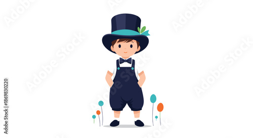 Charming little boy dressed in vintage-style overalls a bow tie and a fancy top hat standing in a field of flowers.
