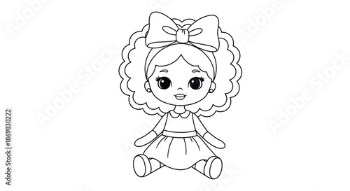 Adorable sitting doll with beautiful curly hair a large bow and a pretty dress for a charming children's coloring page.