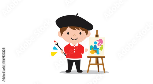 Cute little boy artist wearing a beret and holding a paintbrush proudly standing next to his easel with an abstract painting.