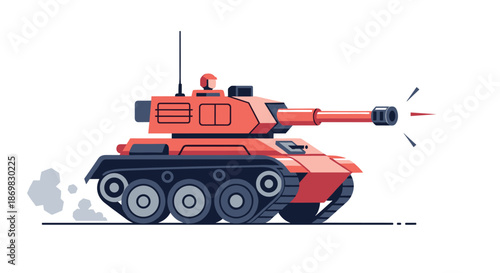 Red and black cartoon battle tank moving forward and firing its cannon in a dynamic and powerful military illustration.