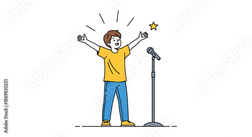 Excited young boy with arms wide open celebrating his performance on stage with a microphone like a future superstar.