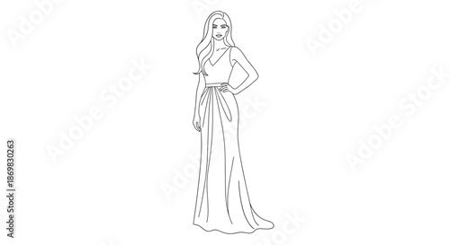 Elegant and beautiful woman with long hair posing in a stunning floor-length evening gown in a simple line art drawing.