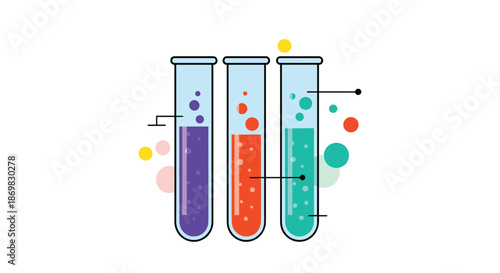 Three colorful laboratory test tubes filled with bubbling chemical liquids for a science and research themed icon illustration.