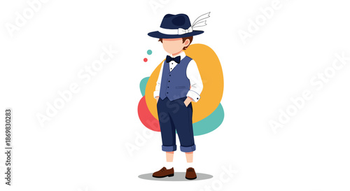 Stylish little boy wearing a dapper vintage suit with a vest bow tie and a classic fedora hat with a feather.