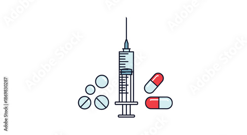 Medical icon set with a syringe capsules and pills representing vaccination treatment and pharmaceutical healthcare concepts.