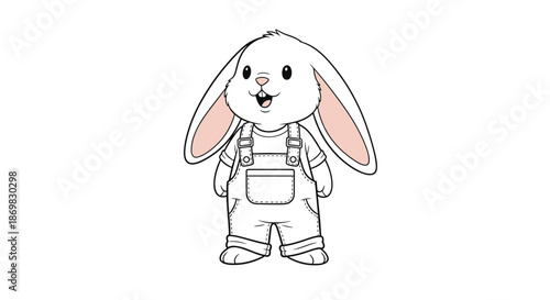 Adorable cartoon bunny rabbit with long floppy ears wearing cute overalls and a t-shirt for a simple coloring page.