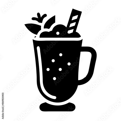A delightful frosted beverage with whipped cream and a wafer stick in a handled mug icon