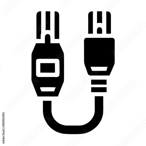Minimalist black glyph icon of a data transfer cable with two distinct connectors