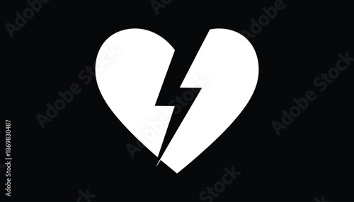 Broken Heart Icon with Lightning Bolt on Black Background