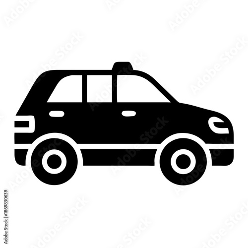 Black silhouette of a passenger car with a roof light, resembling a taxi or public transport vehicle icon