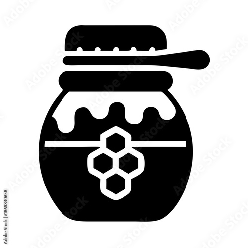 Simple graphic depiction of a honey pot with a dipper and a distinct honeycomb emblem