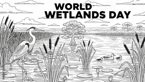 Serene wetlands landscape with heron, ducks, and lush vegetation on World Wetlands Day
