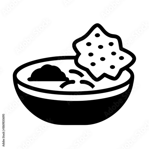 Delicious snack icon featuring a bowl of fresh dip with a crunchy tortilla chip