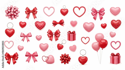 Collection of red hearts, gifts, and bows on a white background