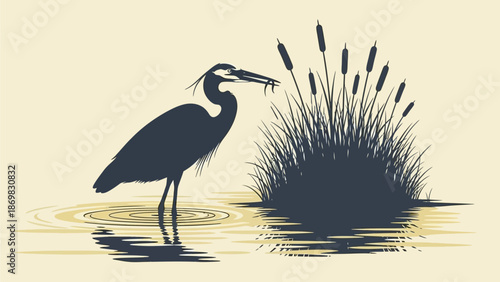 Serene wetland scene with heron standing in shallow water near reeds holding fish