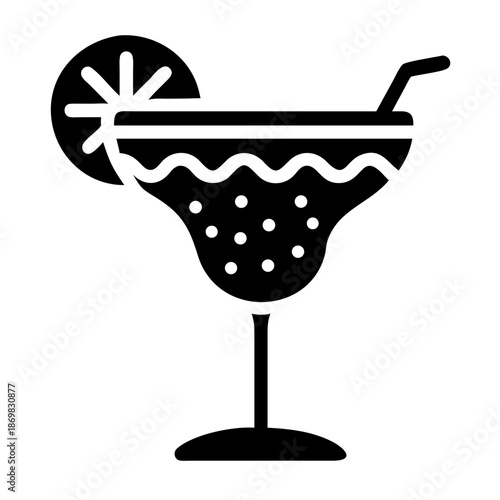 A stylized black icon of a cocktail glass with a fruit slice and straw, perfect for summer drinks