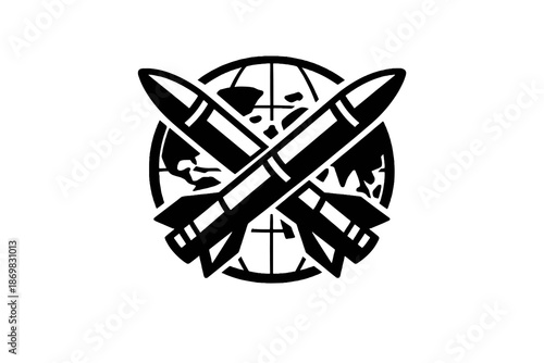 Geopolitics war icon representing global armed conflict with missiles and world globe symbol. Black flat vector icon with transparent background for news graphics.
