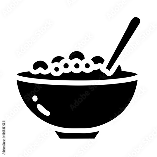 A simple graphic icon depicting a bowl of breakfast cereal or soup with a spoon