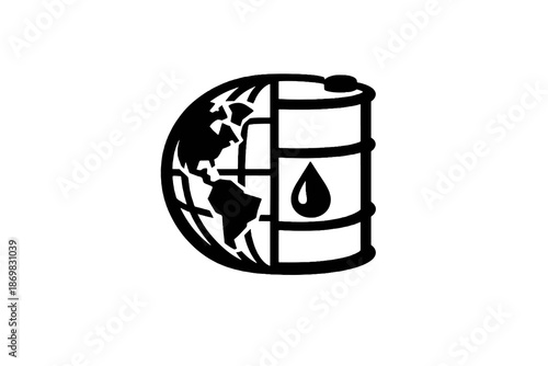 Geopolitics oil icon showing global energy power with oil barrel and globe symbol. Black flat vector icon with transparent background for news graphics and analysis.