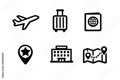 Travel and tourism icon set with airplane, hotel and luggage symbols. Black flat vector icons with transparent background for UI, apps and booking platforms.