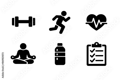 Wellness and fitness vector icon set featuring exercise, hydration and healthy habits icons. Black flat icons ideal for fitness apps, dashboards and digital interfaces.