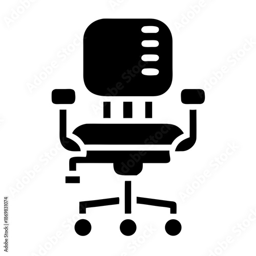 Sleek black glyph icon representing a modern ergonomic office chair with wheels