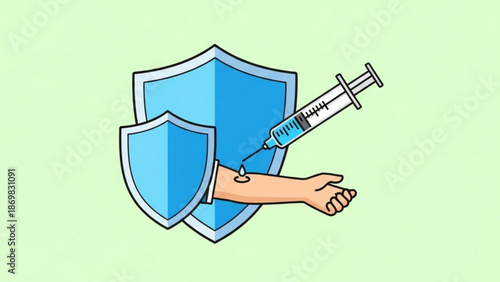 Vaccination protection concept with shield and syringe