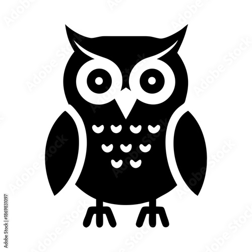 Minimalist black owl icon with big eyes representing wisdom and nocturnal nature