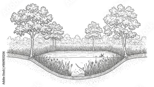 Serene landscape illustration of a tranquil pond surrounded by lush trees and vibrant foliage from a bird's eye view