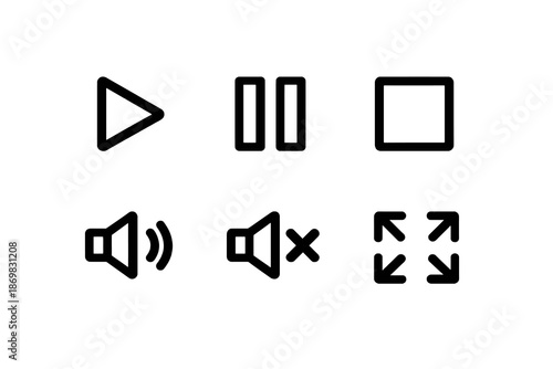 Multimedia vector icon set featuring playback controls and audio symbols. Black flat icons ideal for video players, dashboards and digital interfaces.