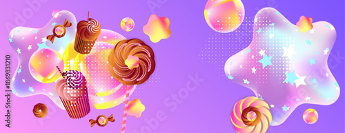 Background for the holiday Gimme Gummy Sweet. Pink and orange kawaii background. Illustrations of Festive balloons