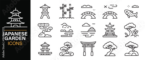 Traditional Japanese landscape editable vector icon set