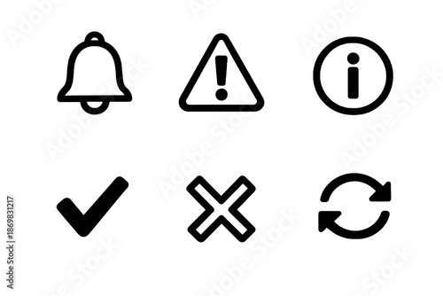 Notification and status icon set with alerts, success and error symbols. Black flat vector icons with transparent background for UI, apps and system dashboards.