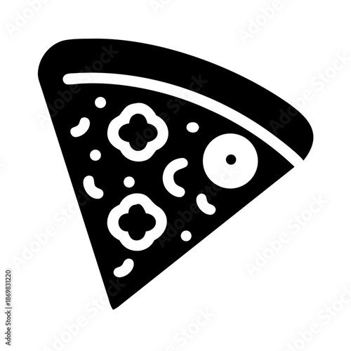 Delicious black and white icon representing a savory slice of pizza with various toppings