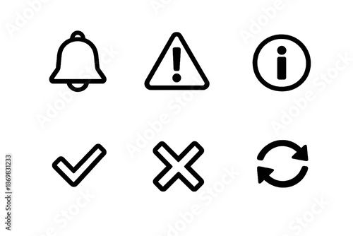 Status indicator vector icon set featuring notifications, warnings and loading icons. Black flat icons ideal for interfaces, SaaS platforms and digital products.