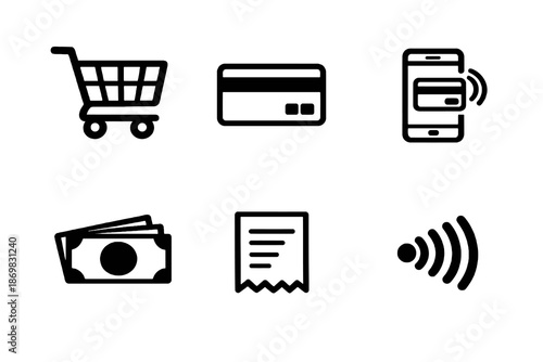 Shopping and payment methods icon set with cart, cards and mobile pay symbols. Black flat vector icons with transparent background for UI, apps and ecommerce websites.