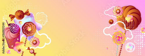 Background for the holiday Gimme Gummy Sweet. Pink and orange kawaii background. Illustrations of Festive balloons