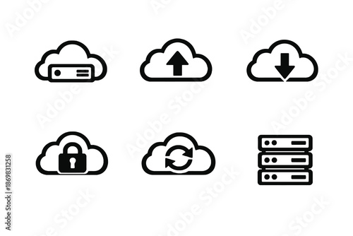 Cloud and storage icon set with upload, download and secure cloud symbols. Black flat vector icons with transparent background for UI, apps and digital platforms.